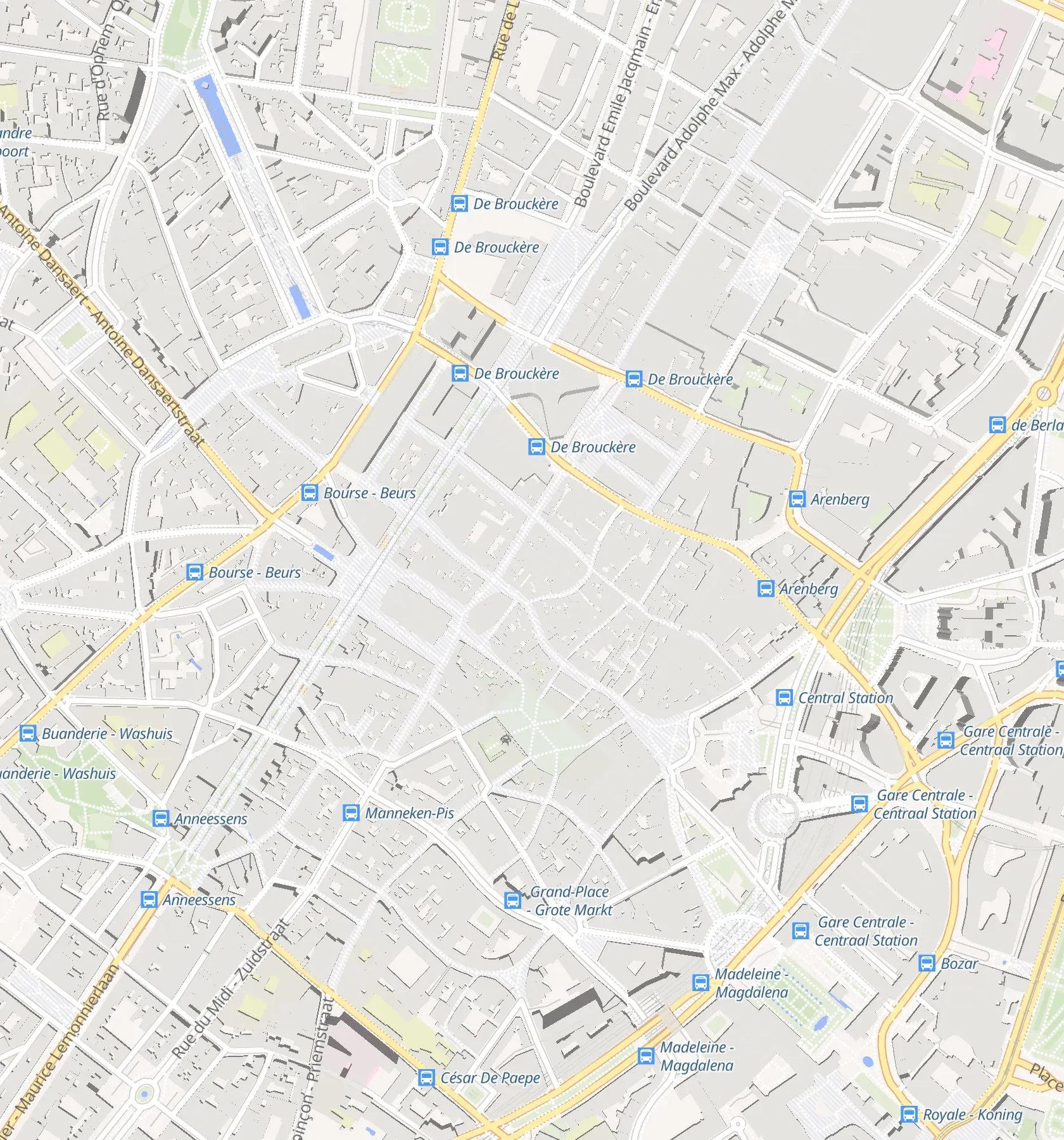 Map of central Brussels showing Craves Hotel, near the Bourse and the Grand-Place