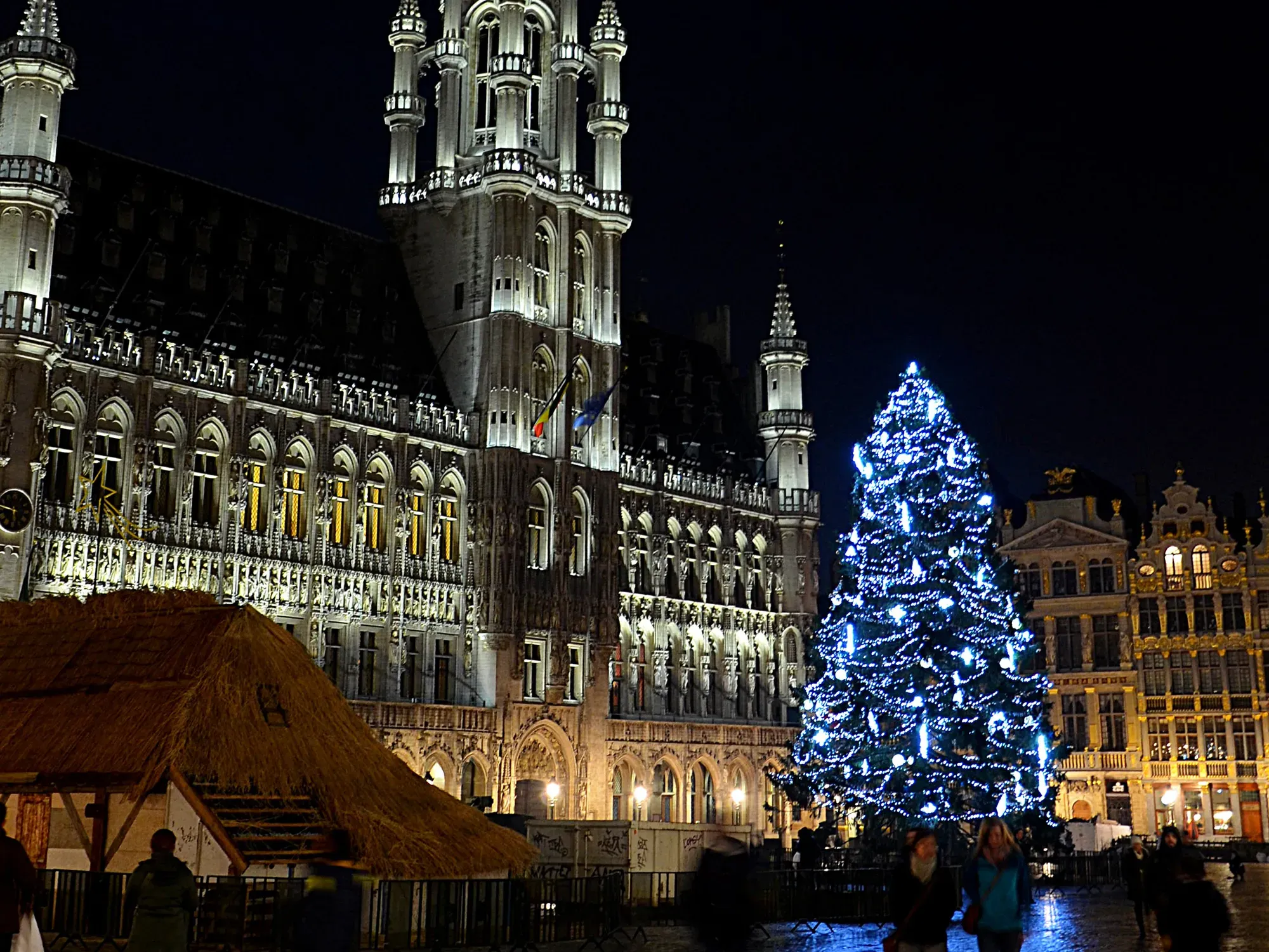 The lit Christmas tree in front of the Town Hall on the Grand-Place, Brussels